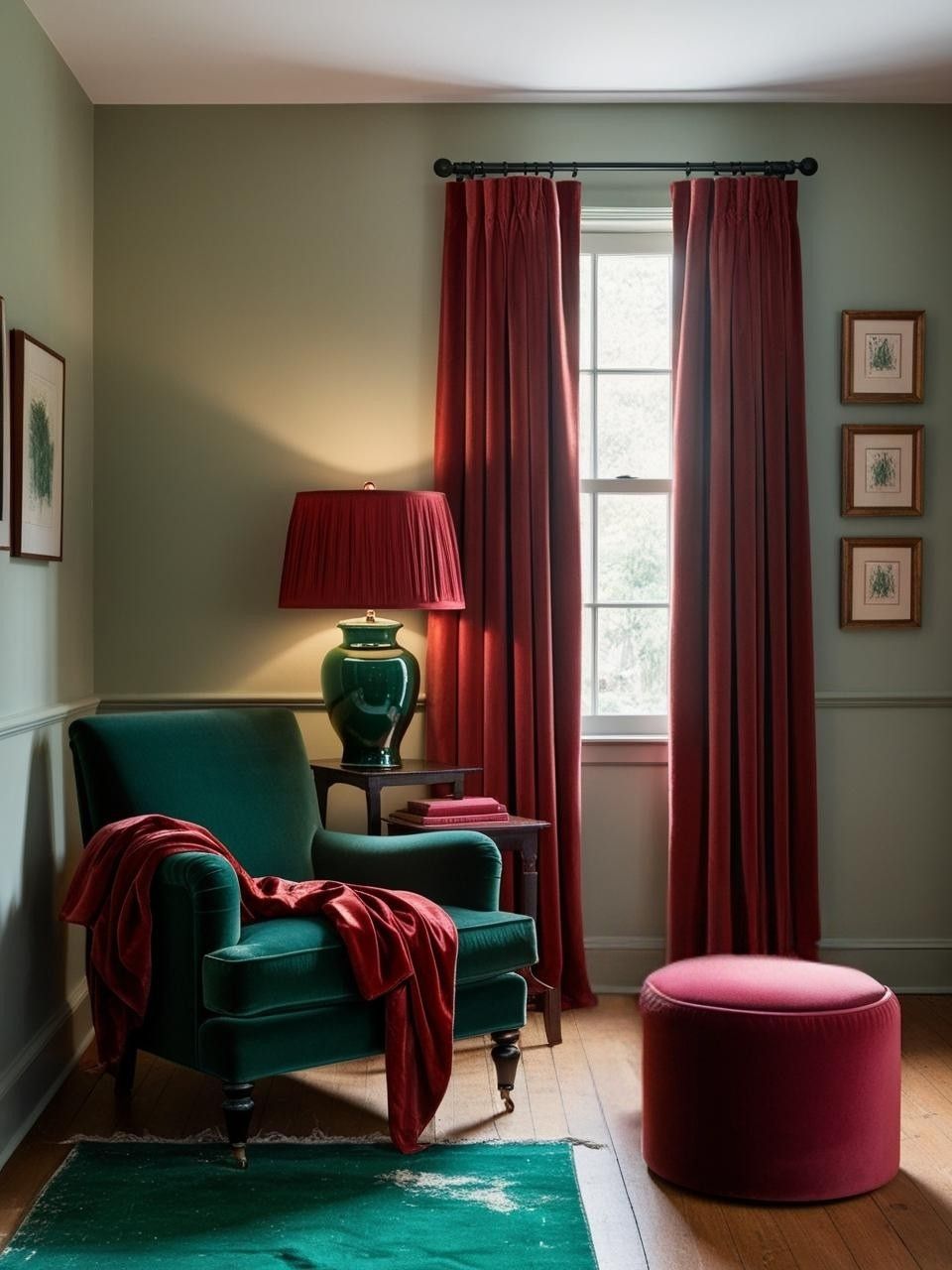 Crimson and Emerald Color Scheme Reading Nook