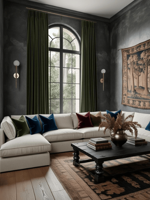 Interior Design Trend Modern Castle Core Living Room with Lime Wash Walls