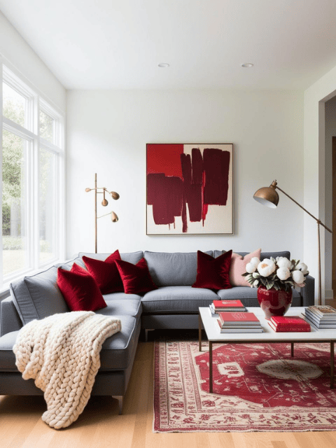 Modern Living Room with Bold Cherry Red Accents