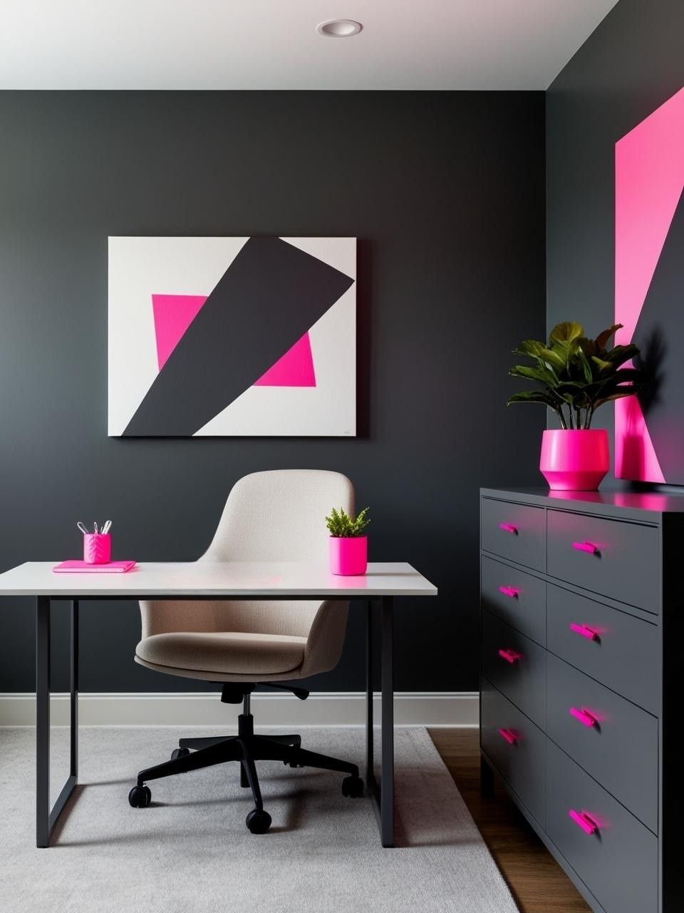 Neon Pink Muted Charcoal Color Scheme Home Office