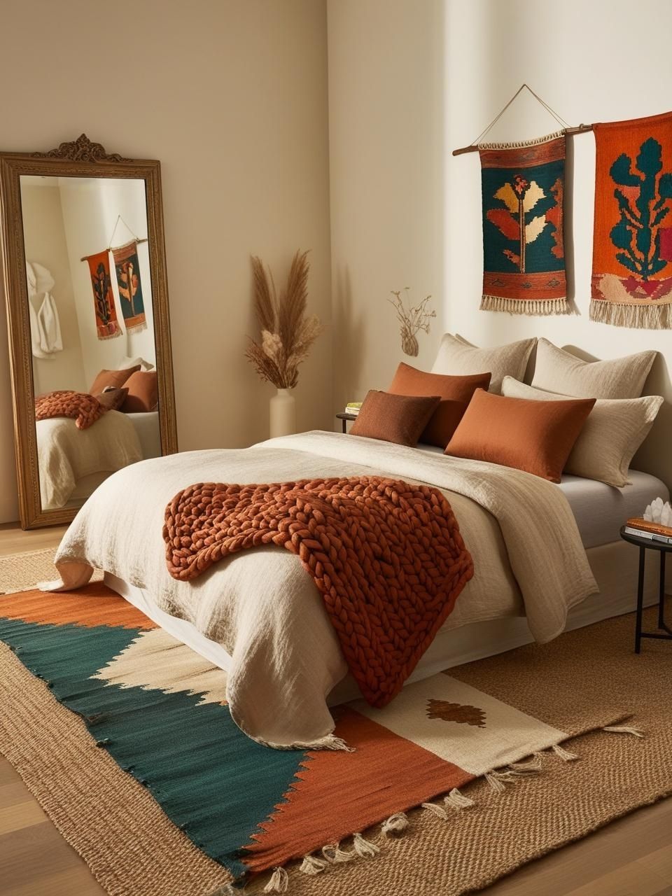 Neutral Boho Bedroom with Vibrant Decor