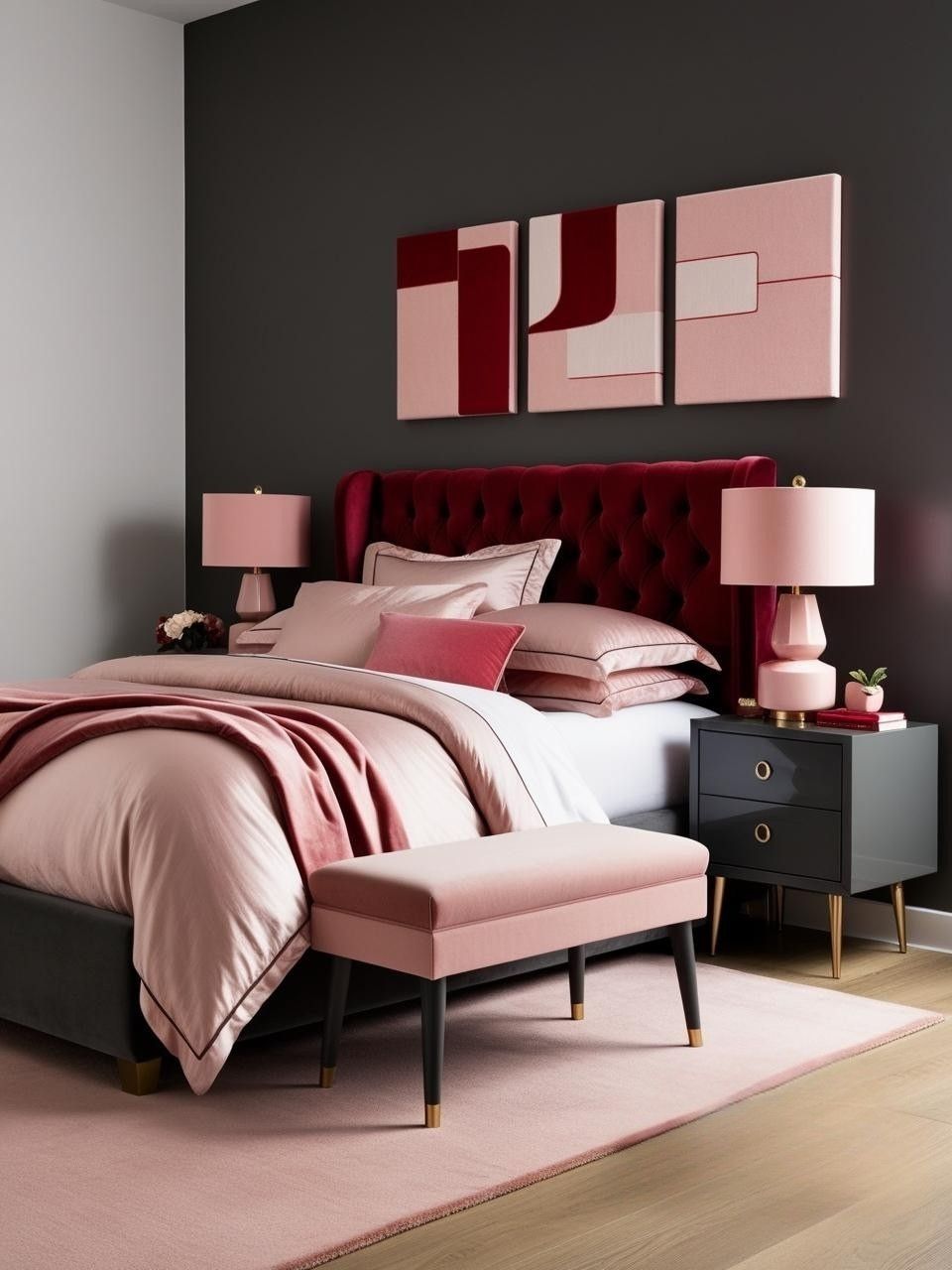 Cherry Red Charcoal Gray Blush Pink Bedroom