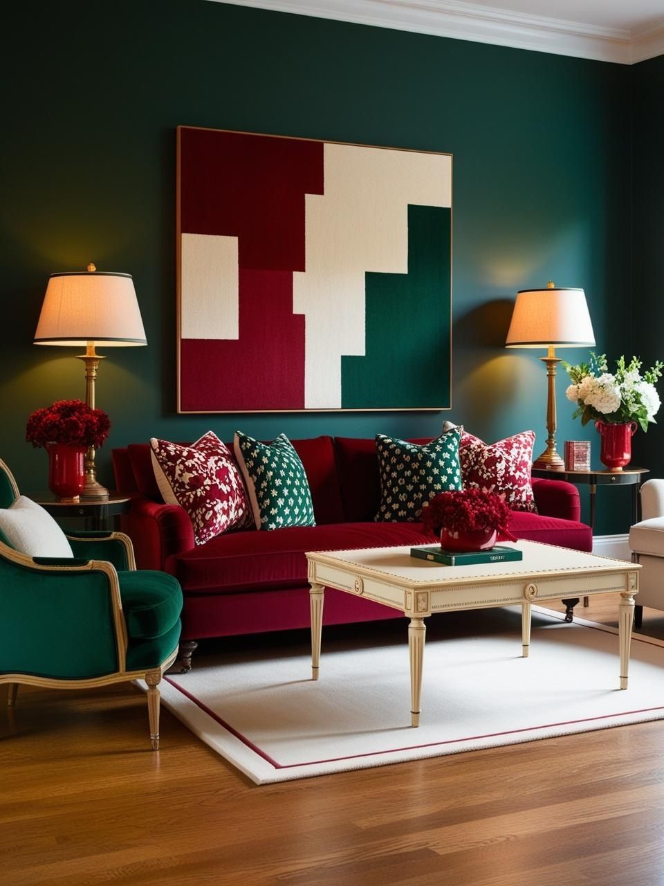 Cherry Red Forest Green Ivory Living Room