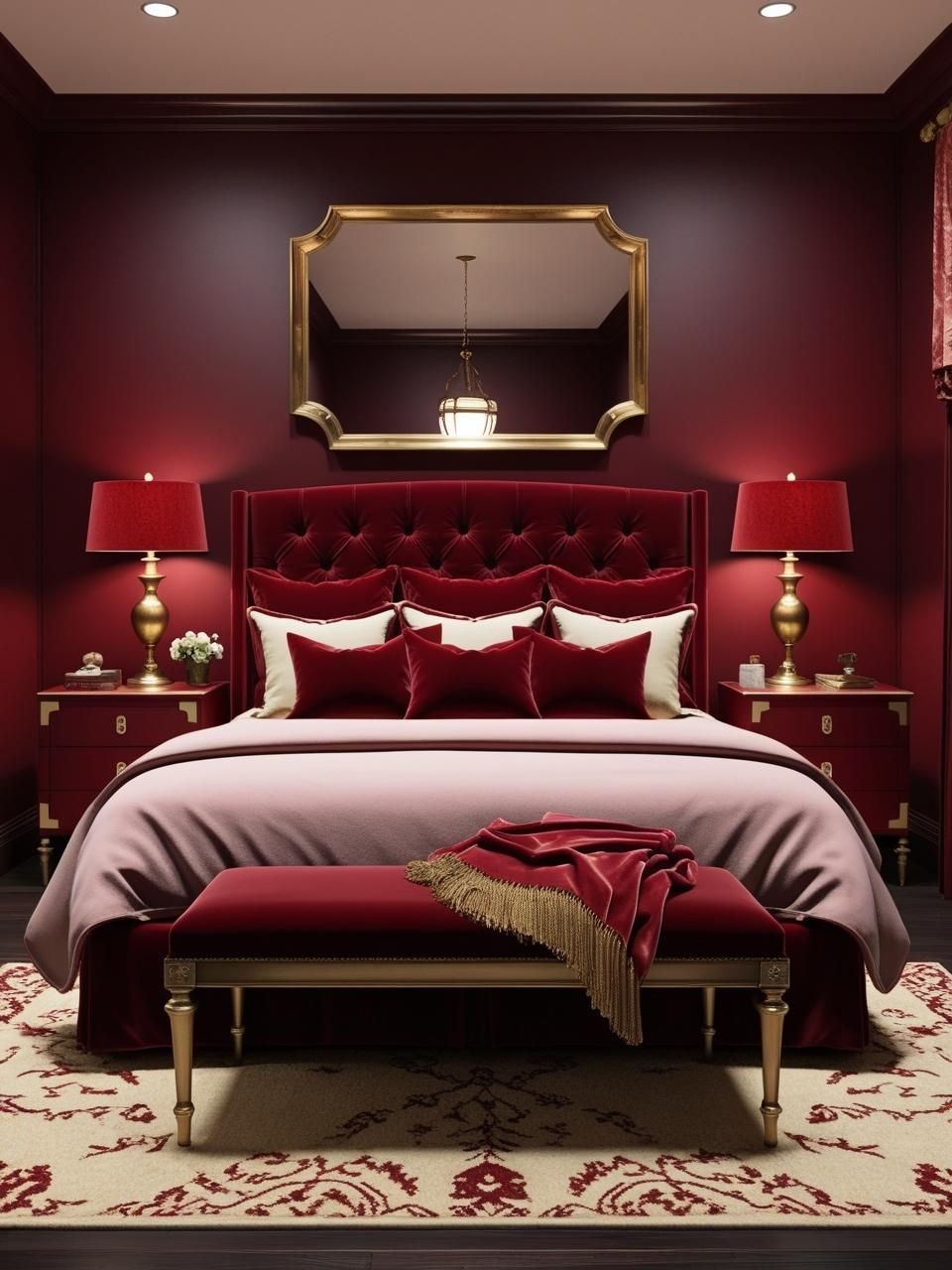 Cherry Red Maroon Antique Brass Bedroom