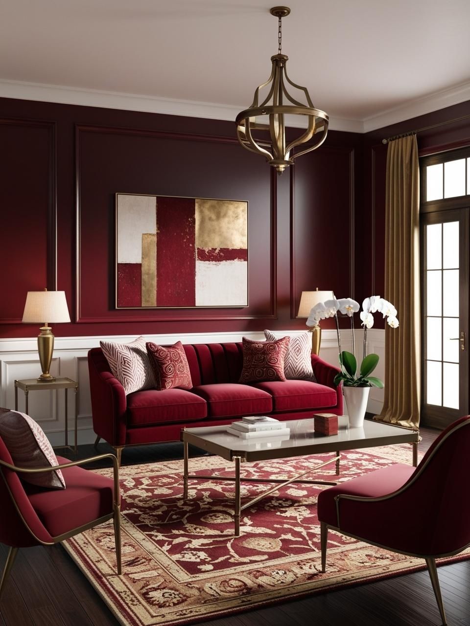 Cherry Red Maroon Antique Brass Living Room