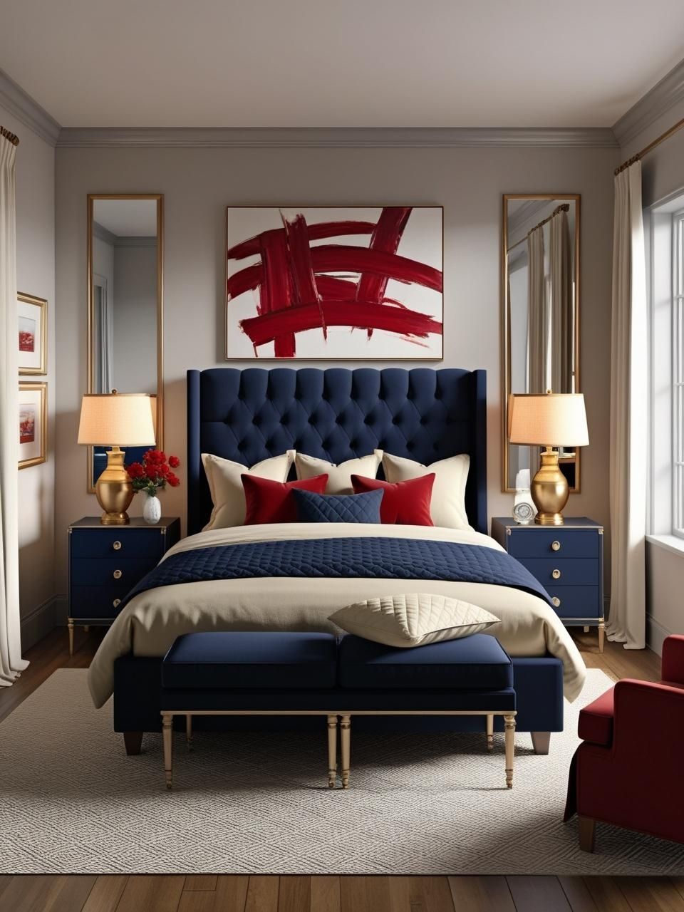 Cherry Red Navy Blue Warm Ivory Bedroom