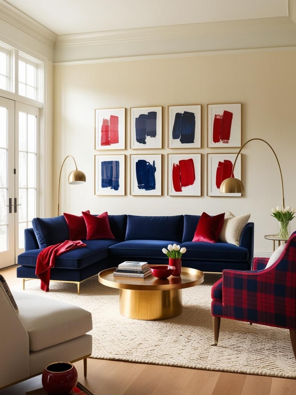 Cherry Red Navy Blue Warm Ivory Living Room