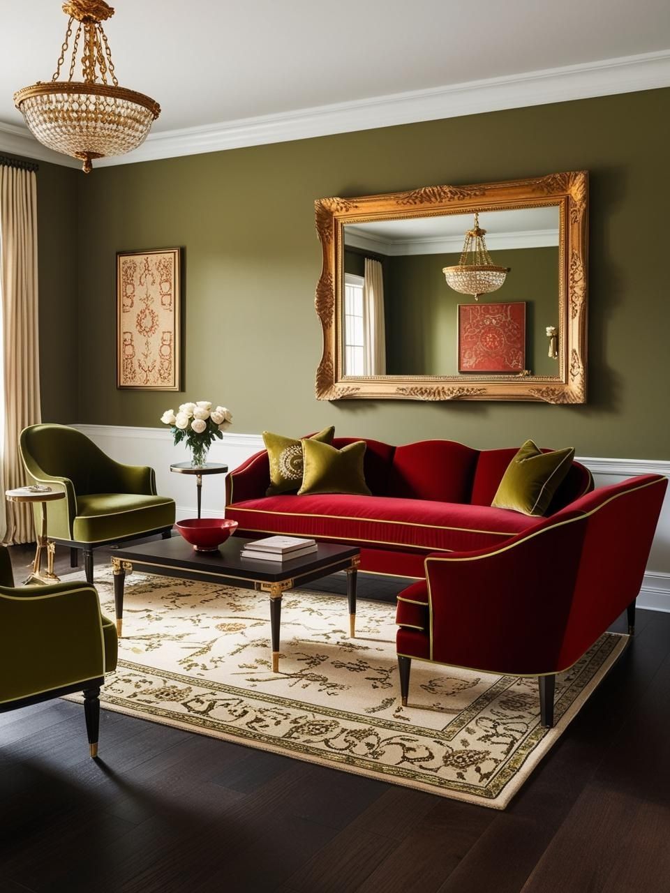 Cherry Red Olive Green Antique Gold Living Room