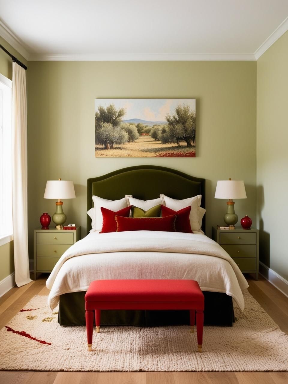 Cherry Red Olive Green Cream Bedroom