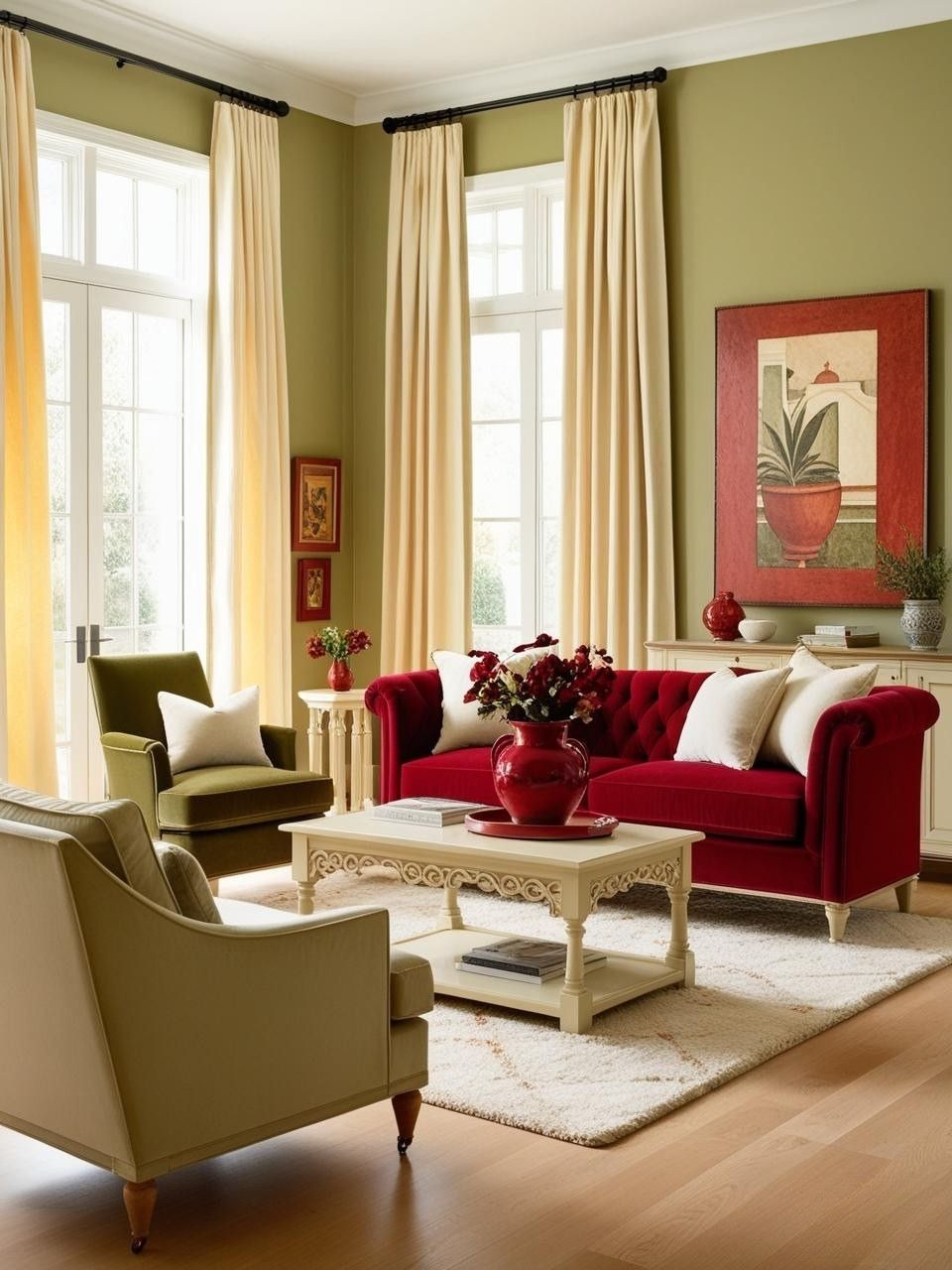 Cherry Red Olive Green Cream Living Room