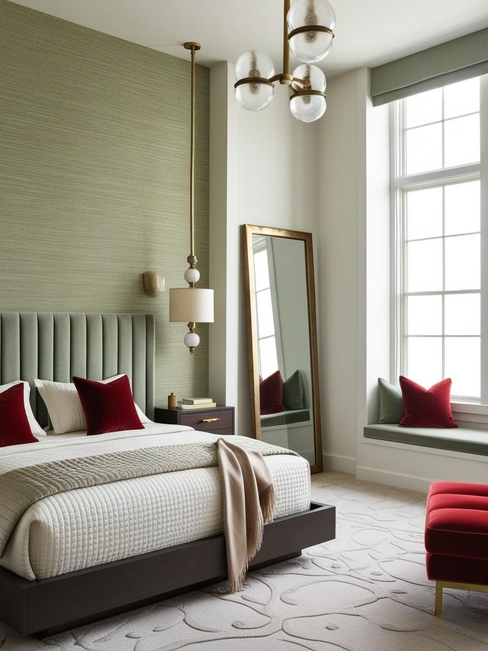 Cherry Red Sage Green Brass Bedroom