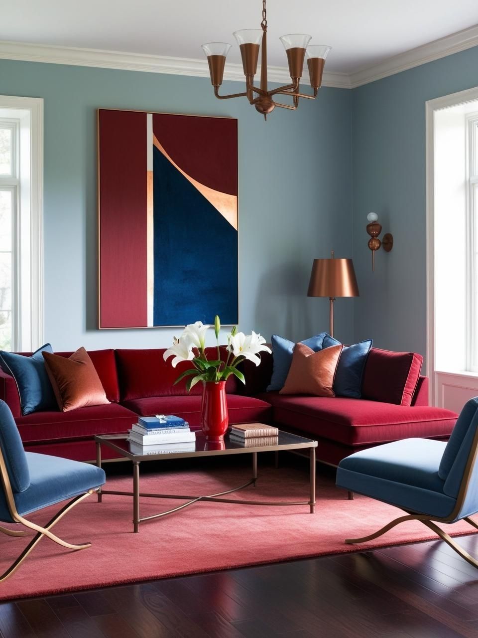 Cherry Red Slate Blue Warm Bronze Living Room