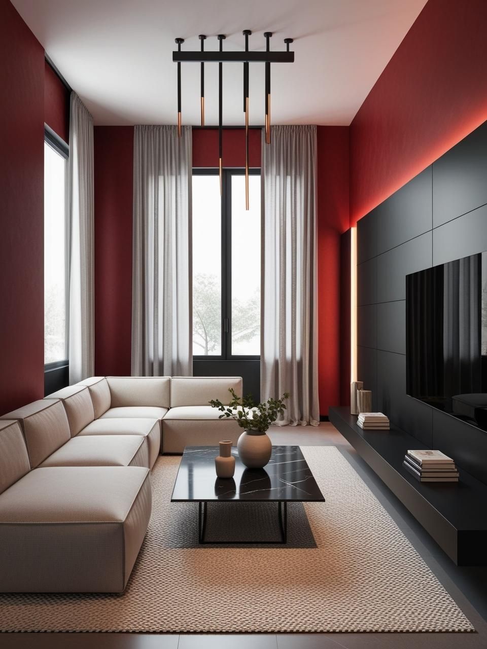 Cherry Red Walls Contemporary Living Room