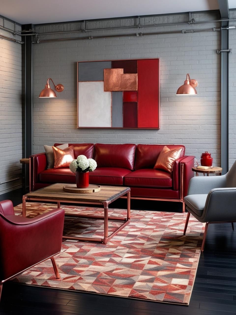 Cherry Red Warm Gray Copper Living Room