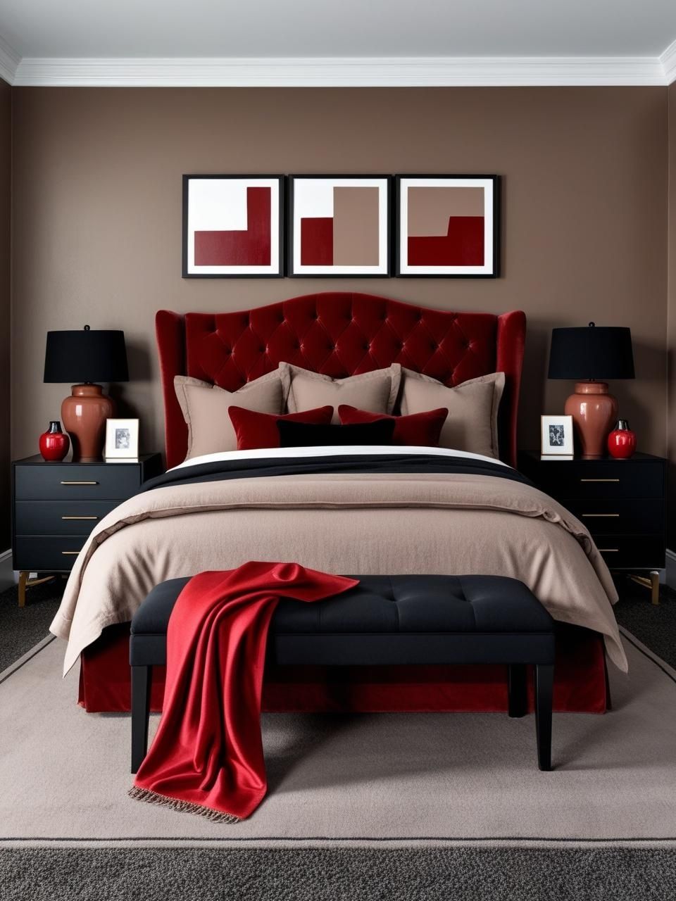 Cherry Red Warm Taupe Black Bedroom