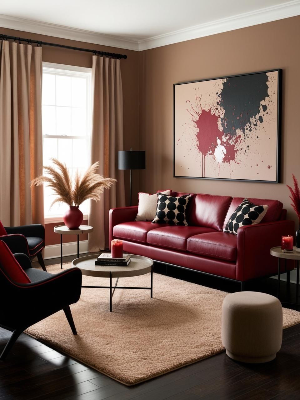 Cherry Red Warm Taupe Black Living Room