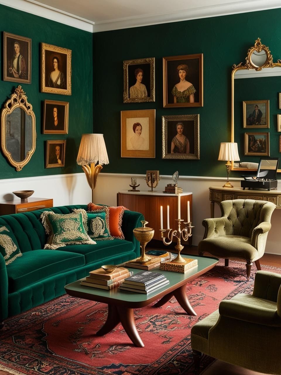 Vintage Maximalism Style Guide Emerald Green Living Room