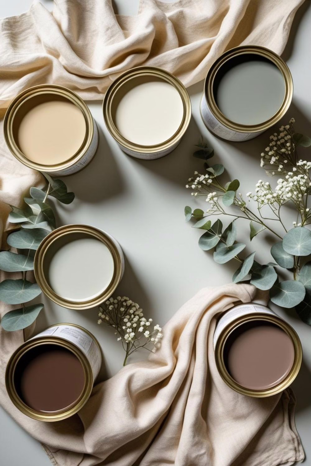 Accessible Beige Coordinating Colors Paint Cans Flat Lay Accessible Beige Coordinating Colors Paint Cans Flat Lay